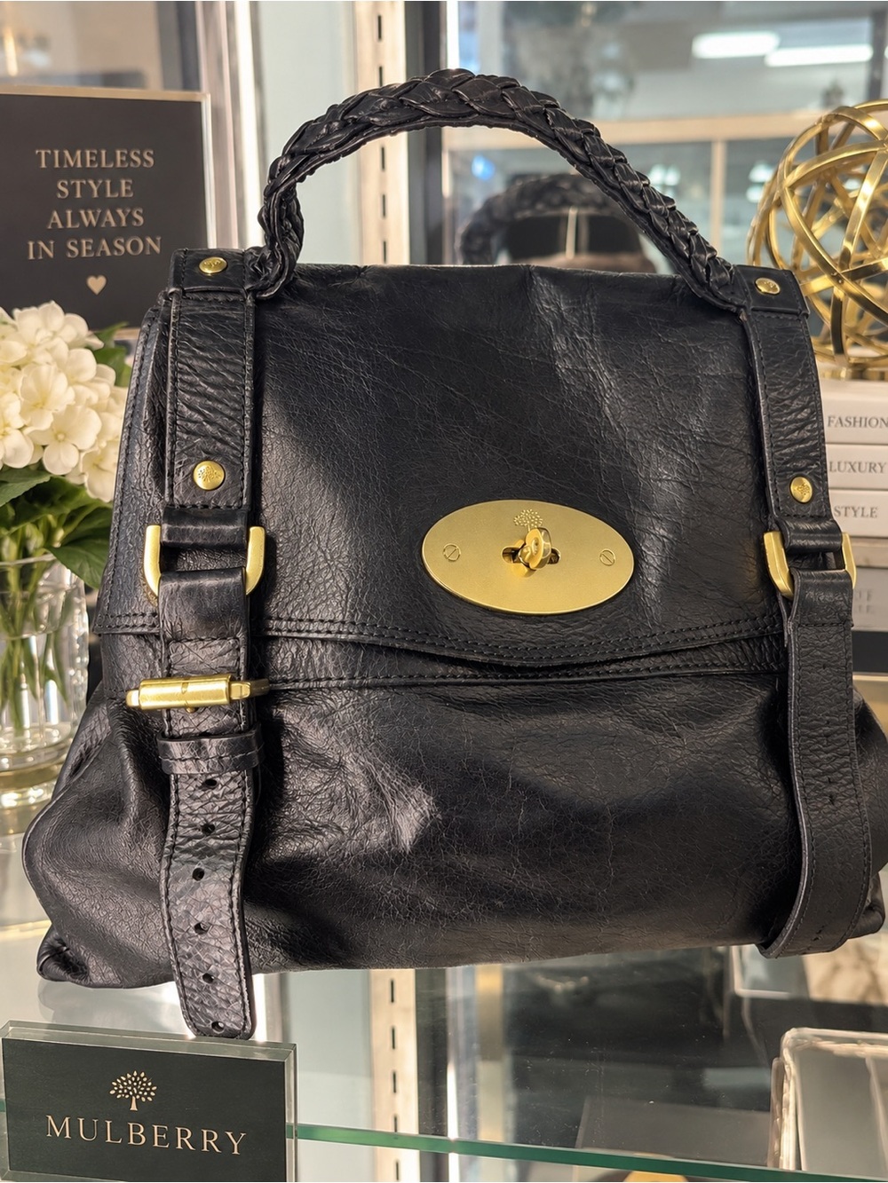 Authentic Mulberry Black Leather Braided-Handle Satchel with Gold Hardware